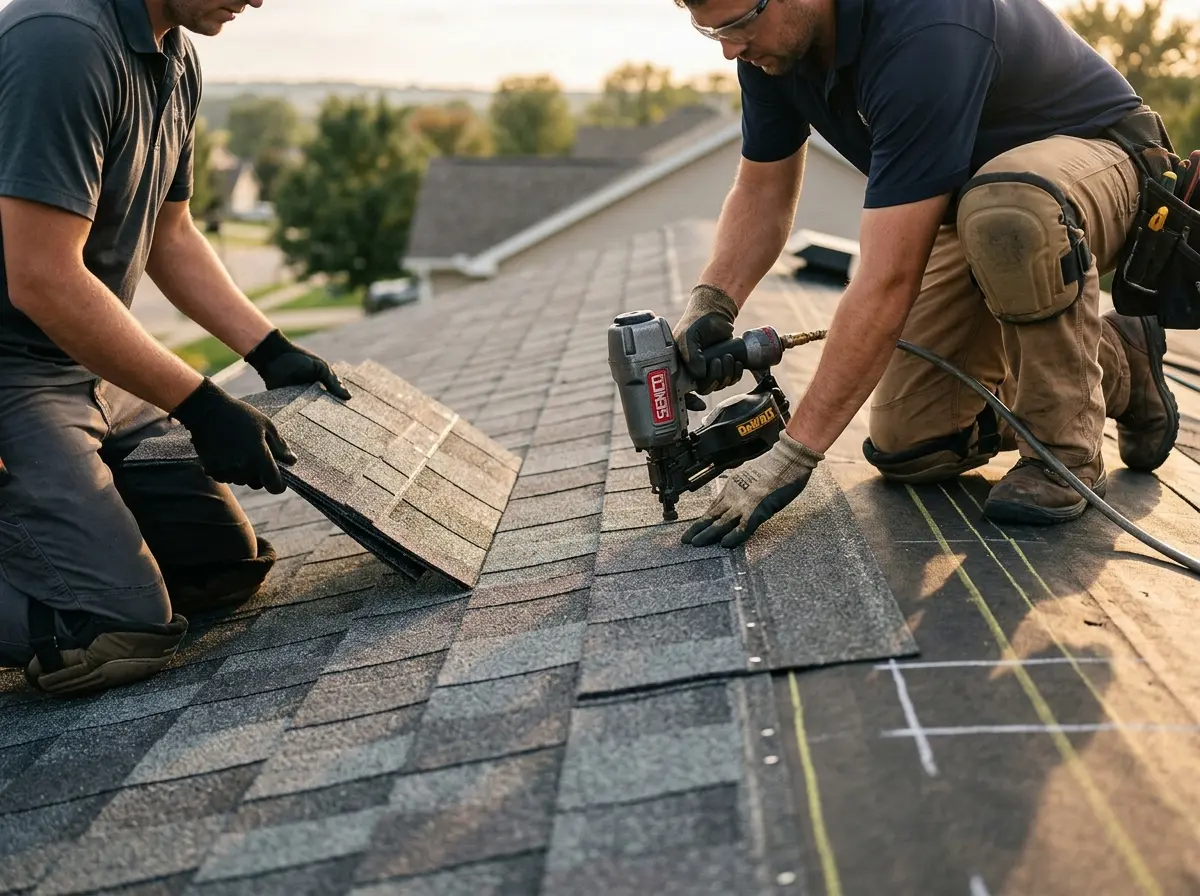 Professional roofer working on a residential roof in The Colony